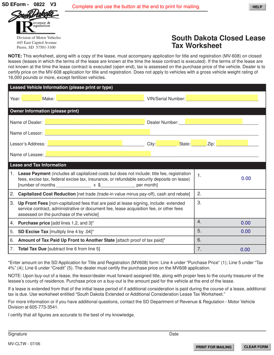 SD Form 0822 (MV-CLTW) South Dakota Closed Lease Tax Worksheet - South Dakota, Page 1