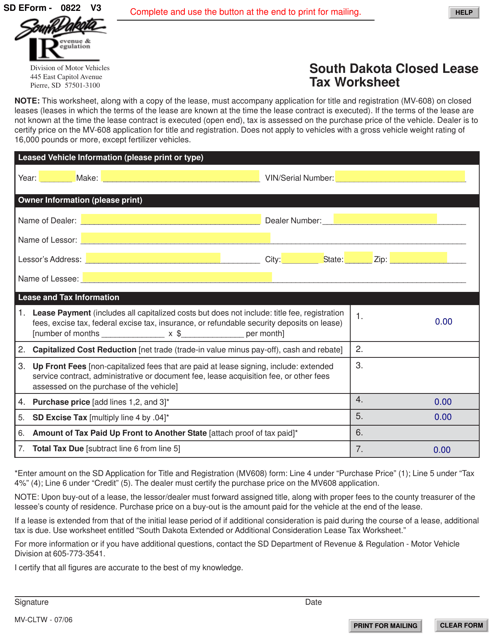 SD Form 0822 (MV-CLTW) South Dakota Closed Lease Tax Worksheet - South Dakota