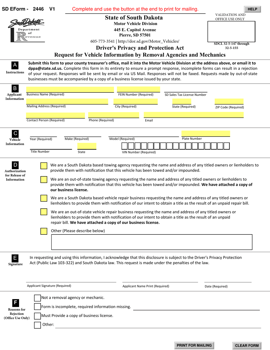 SD Form 2446 Request for Vehicle Information by Removal Agencies and Mechanics - South Dakota, Page 1