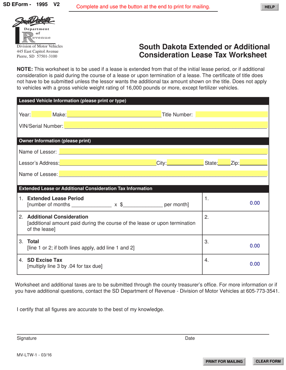 SD Form 1995 (MV-LTW-1) South Dakota Extended or Additional Consideration Lease Tax Worksheet - South Dakota, Page 1