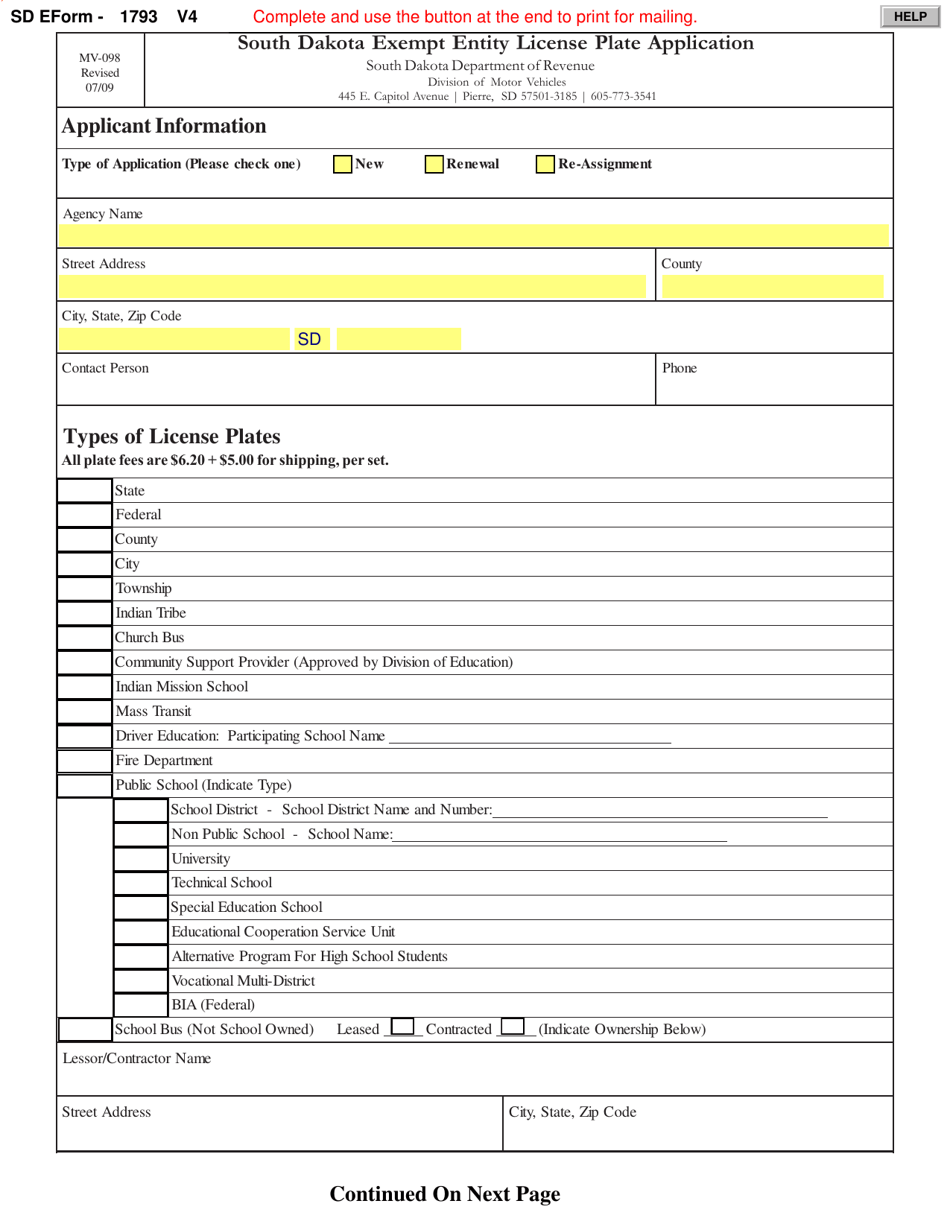 SD Form 1793 (MV-098) South Dakota Exempt Entity License Plate Application - South Dakota, Page 1