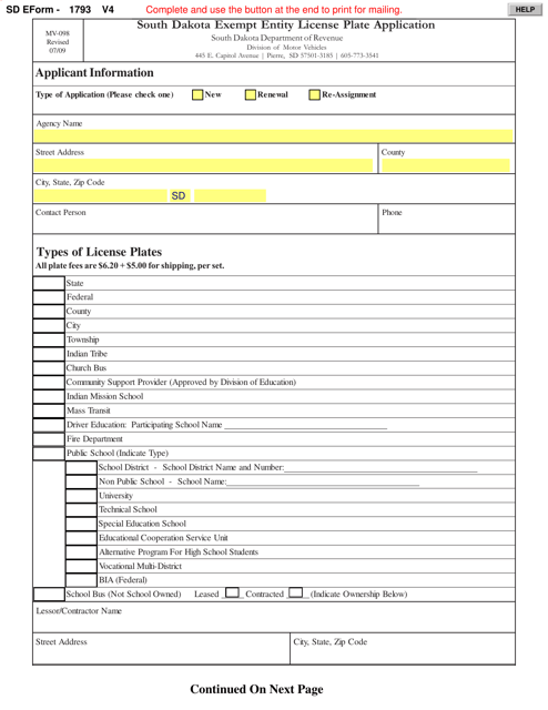 sd form 1793 mv 098 south dakota exempt entity license plate application south dakota big