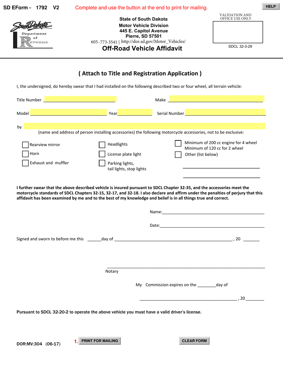 SD Form 1792 (DOR:MV:304) Off-Road Vehicle Affidavit - South Dakota, Page 1