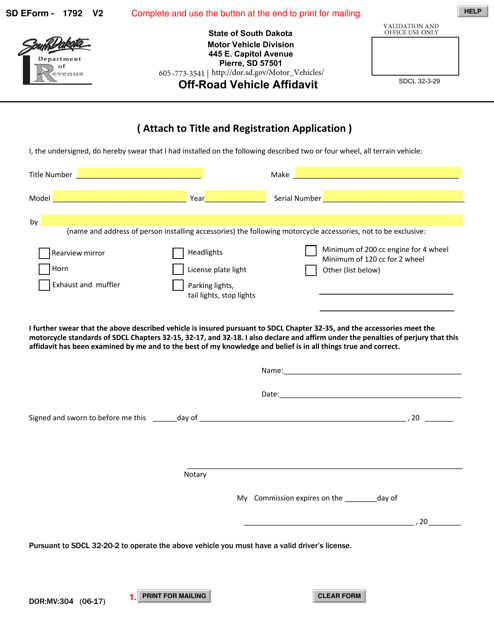 SD Form 1792 (DOR:MV:304) Off-Road Vehicle Affidavit - South Dakota