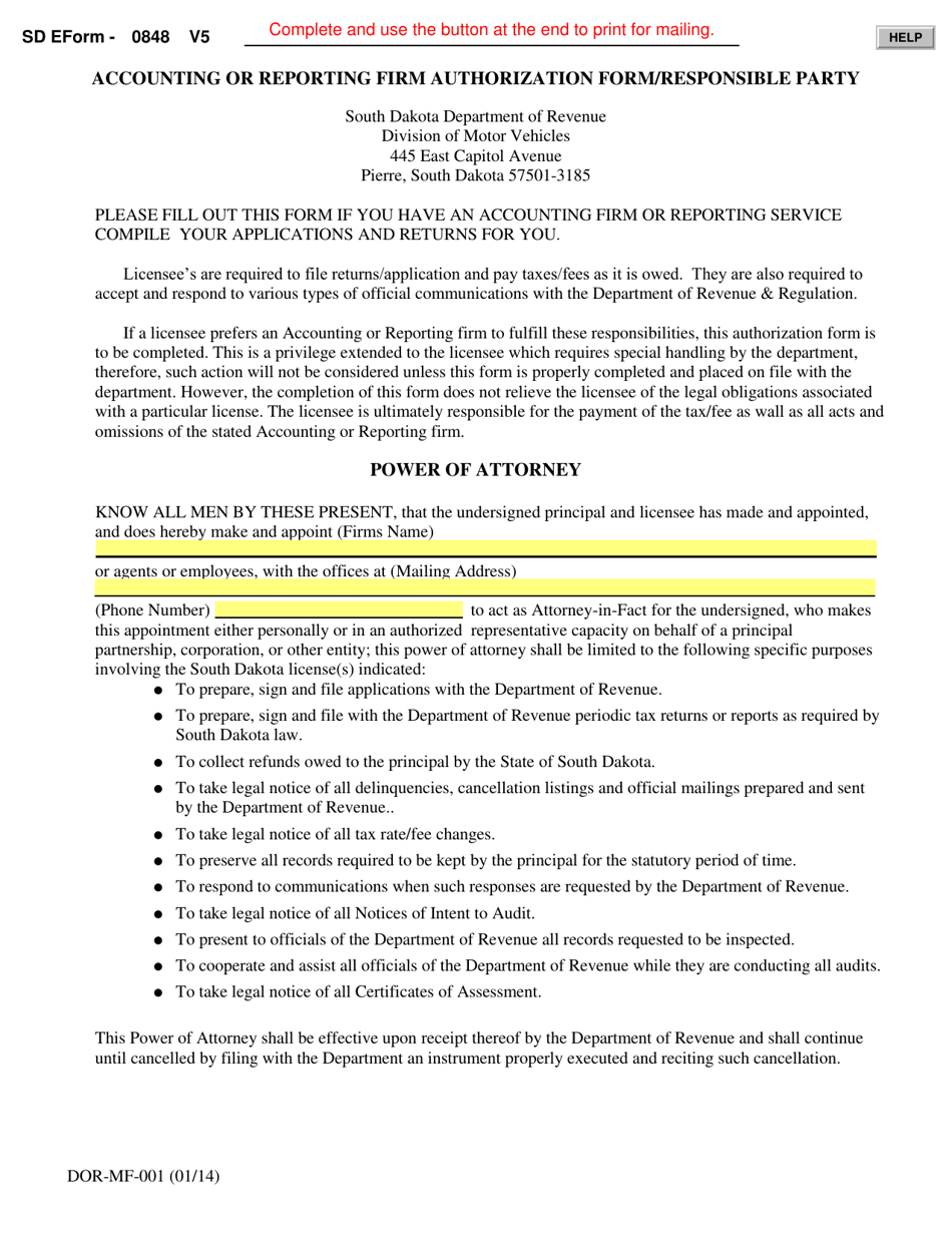 SD Form 0848 (DOR-MF-001) Accounting or Reporting Firm Authorization Form / Responsible Party - South Dakota, Page 1