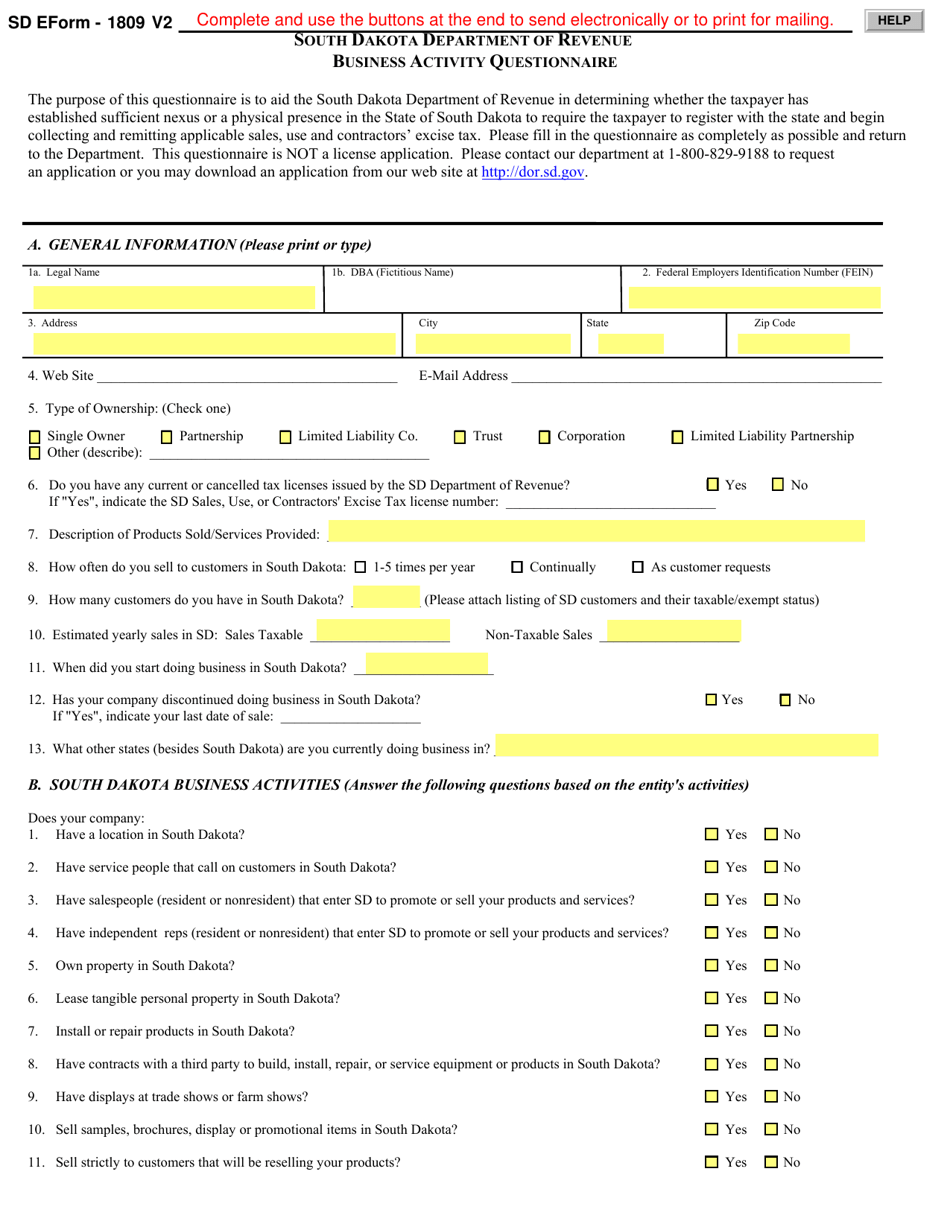 SD Form 1809 Business Activity Questionnaire - South Dakota, Page 1