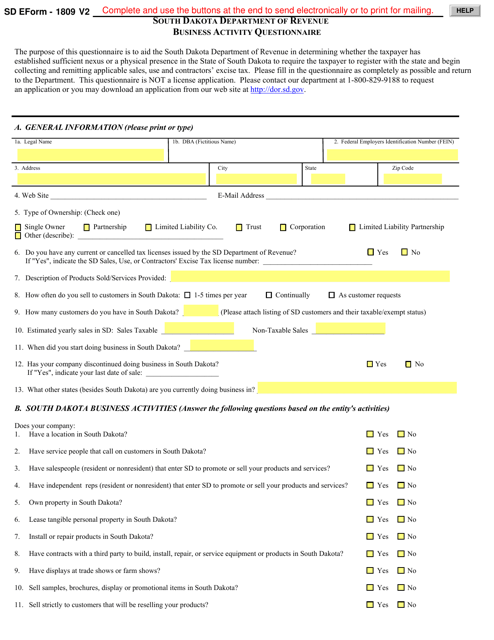 SD Form 1809 Business Activity Questionnaire - South Dakota