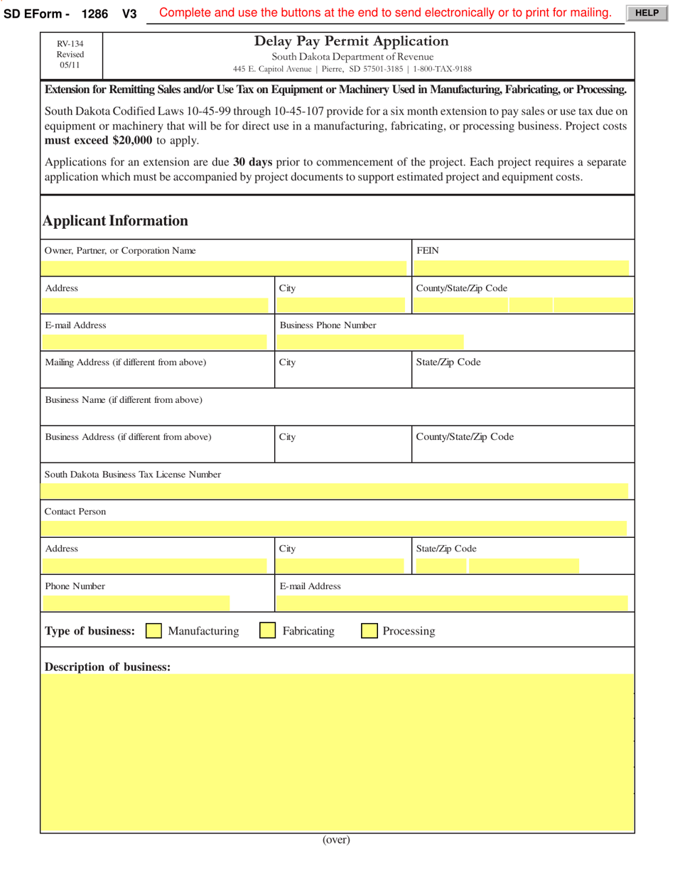 SD Form 1286 (RV-134) Delay Pay Permit Application - South Dakota, Page 1