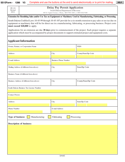 SD Form 1286 (RV-134) Delay Pay Permit Application - South Dakota