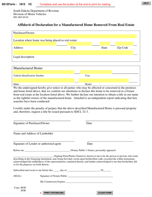 SD Form 1912 (MV-003) Affidavit of Declaration for a Manufactured Home Removed From Real Estate - South Dakota