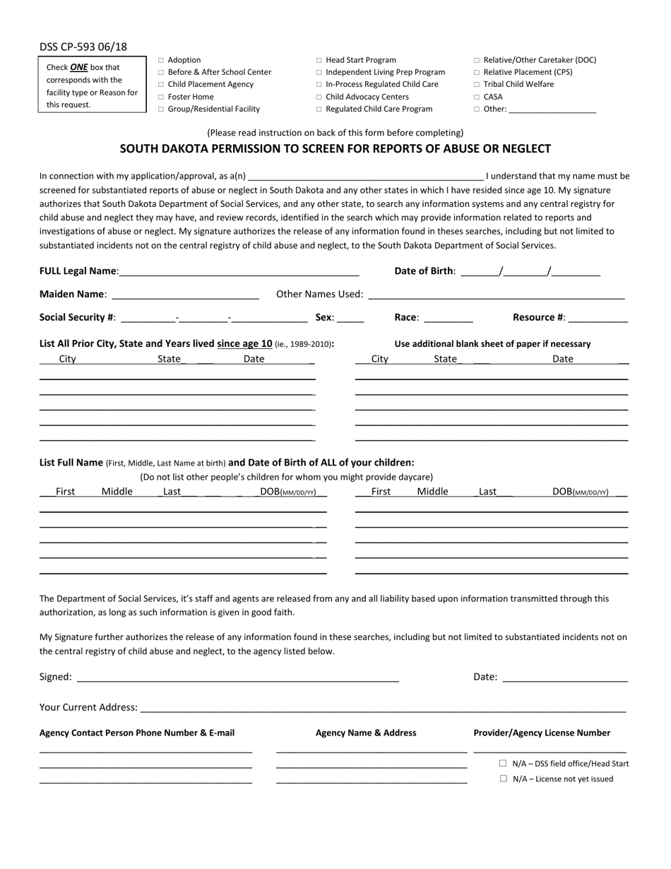 Form DSS-CP-593 South Dakota Permission to Screen for Reports of Abuse or Neglect - South Dakota, Page 1