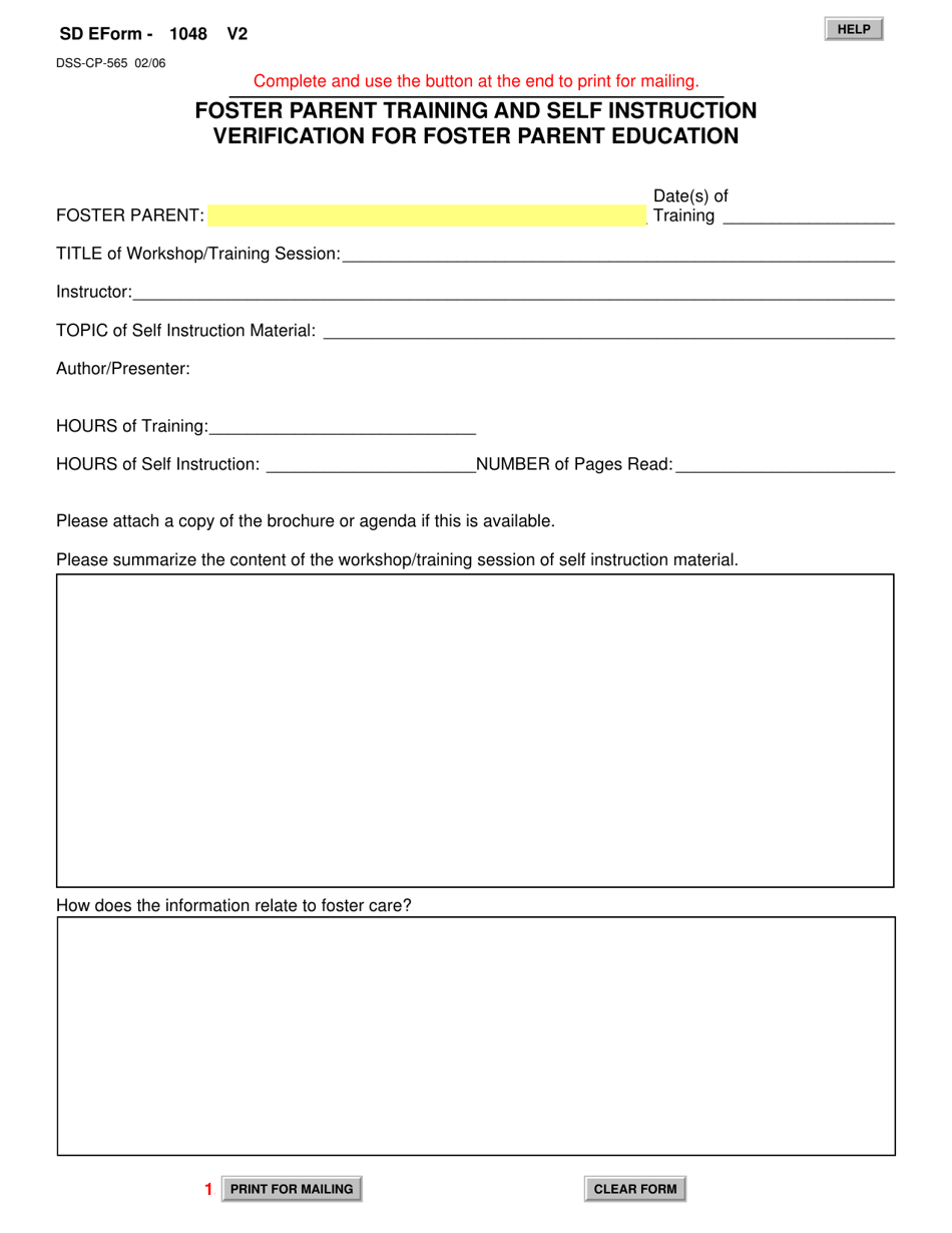 Form DSS-CP-565 (SD Form 1048) Foster Parent Training and Self Instruction Verification for Foster Parent Education - South Dakota, Page 1