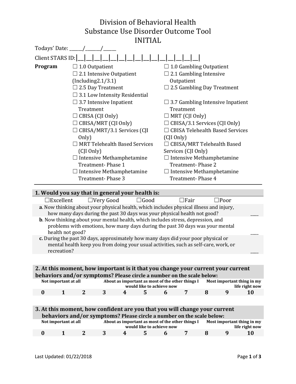 Substance Use Disorder Outcome Tool Initial - South Dakota, Page 1