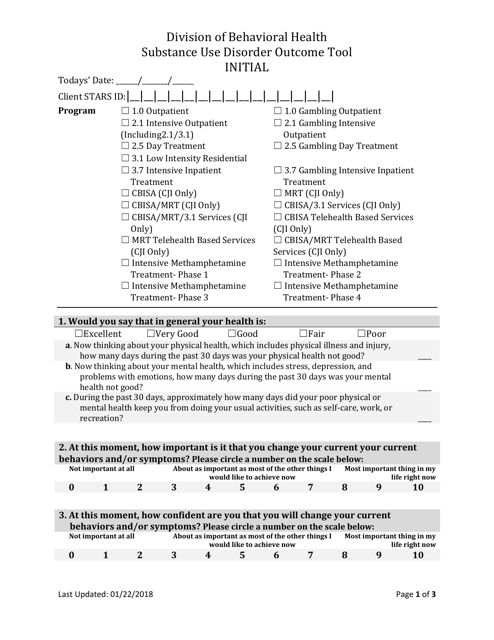 Substance Use Disorder Outcome Tool Initial - South Dakota Download Pdf