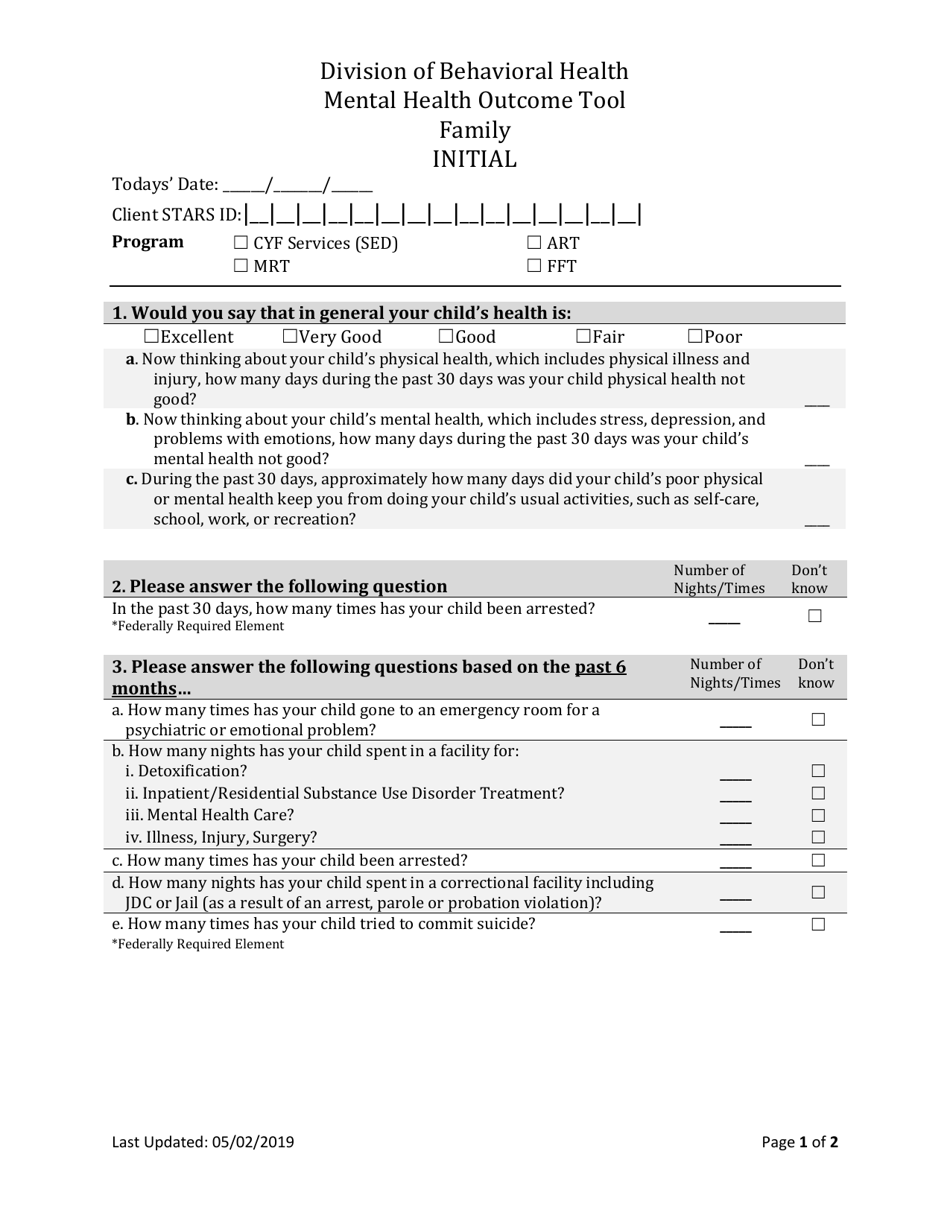 Family Mental Health Outcome Tool - Initial Interview - South Dakota, Page 1