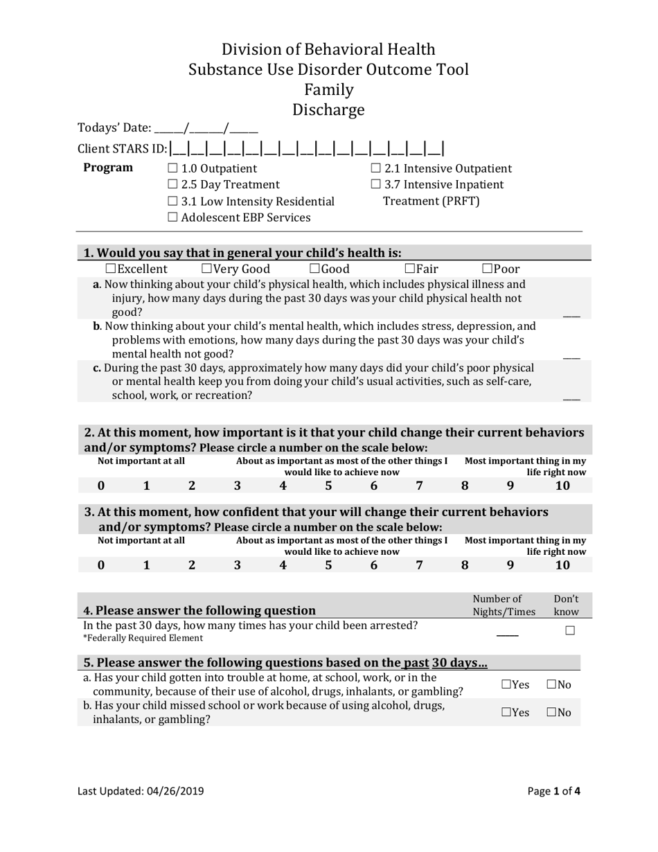 Form BH-13C Family Sud Discharge Outcome Tool - South Dakota, Page 1