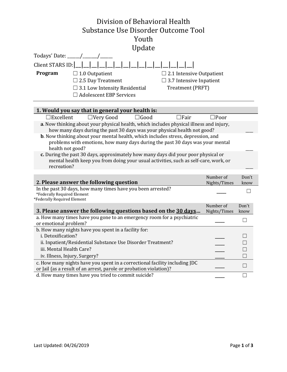 Form BH-12B Youth Sud Update Outcome Tool - South Dakota, Page 1