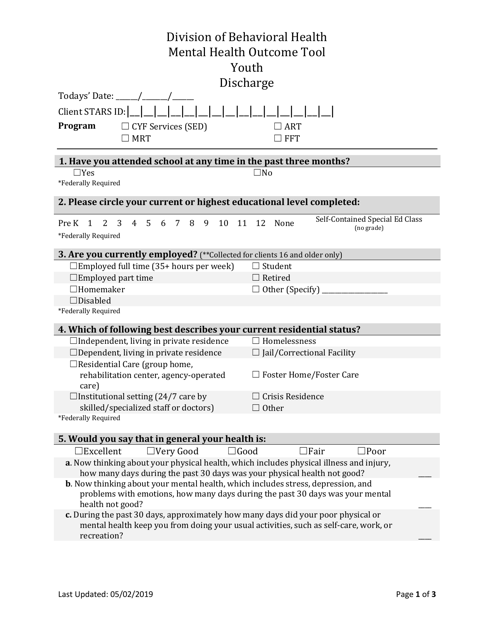 Form BH-12F Youth Mh Discharge Outcome Tool - South Dakota