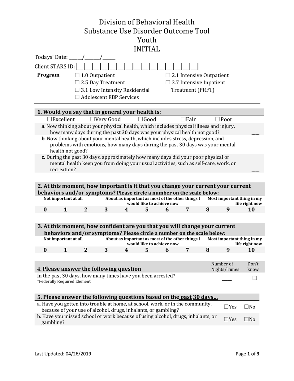 Form BH-12A Youth Sud Initial Outcome Tool - South Dakota, Page 1