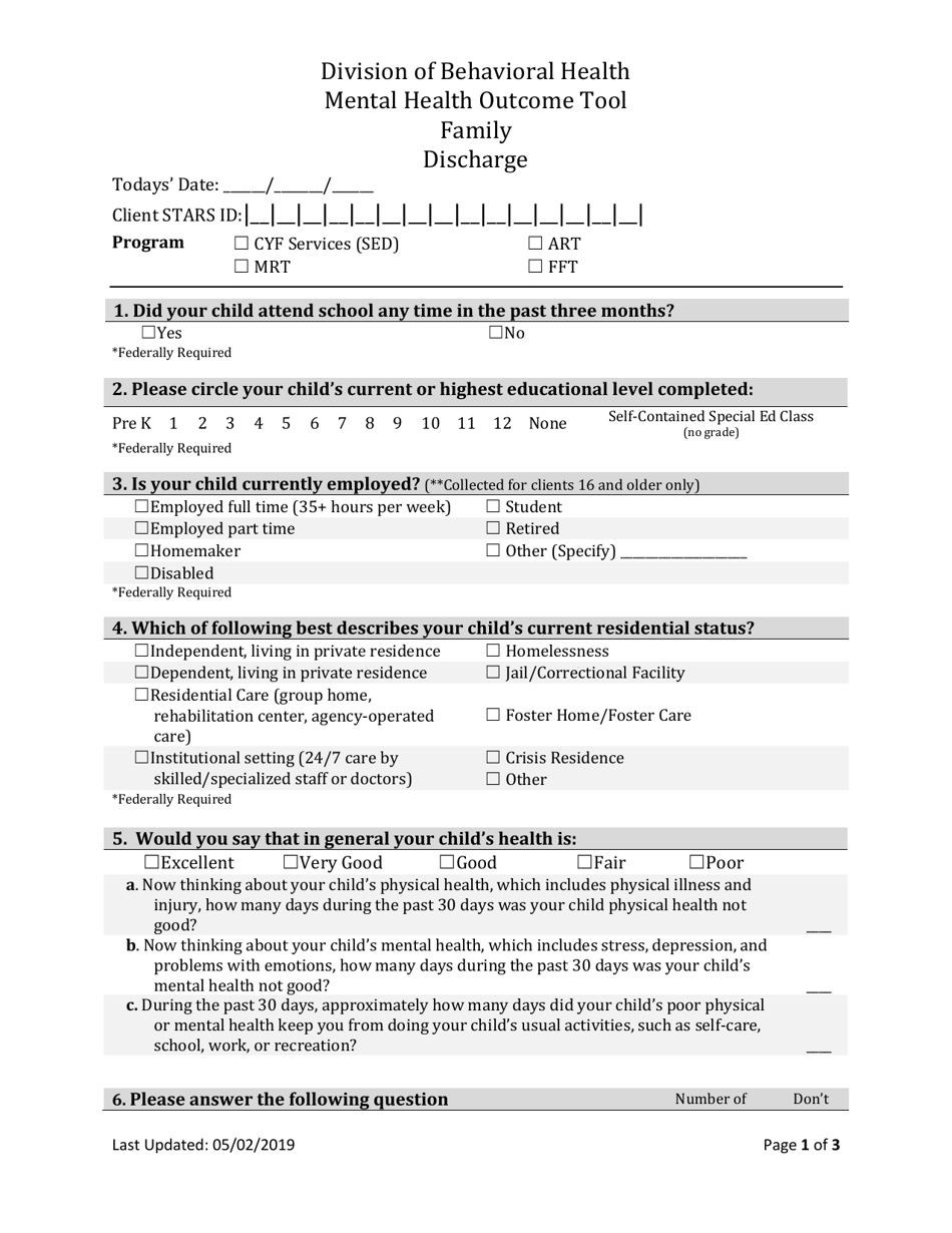 Form BH-13F Family Mh Discharge Outcome Tool - South Dakota, Page 1