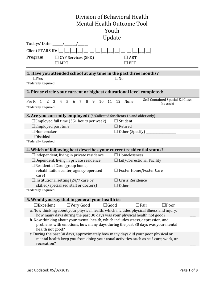 Form BH-12E Youth Mh Update Outcome Tool - South Dakota, Page 1