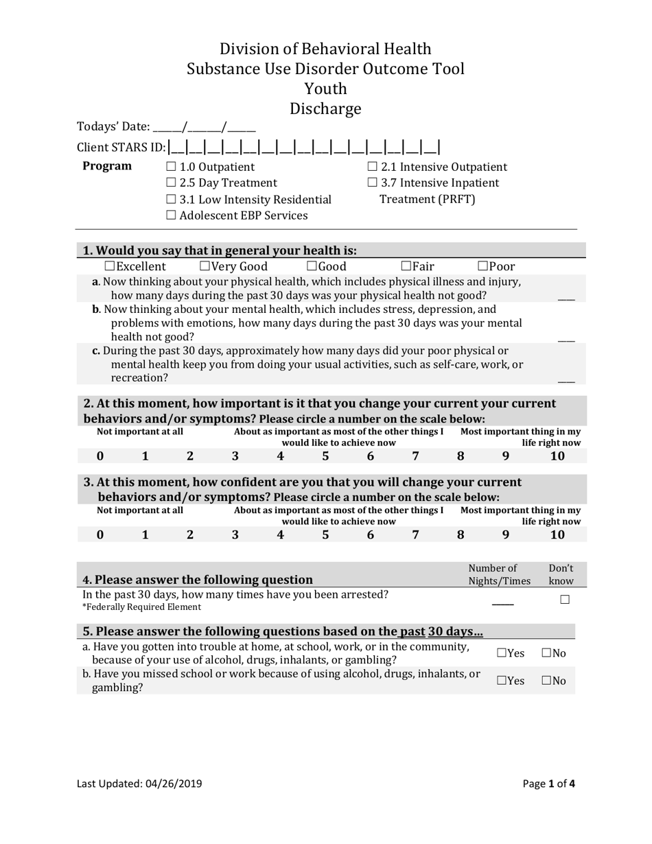 Form BH-12C Youth Sud Discharge Outcome Tool - South Dakota, Page 1