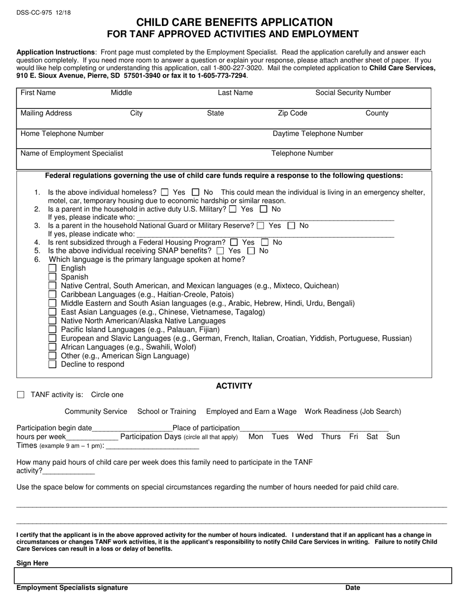 Form DSS-CC-975 Child Care Benefits Application for TANF Approved Activities and Employment - South Dakota, Page 1
