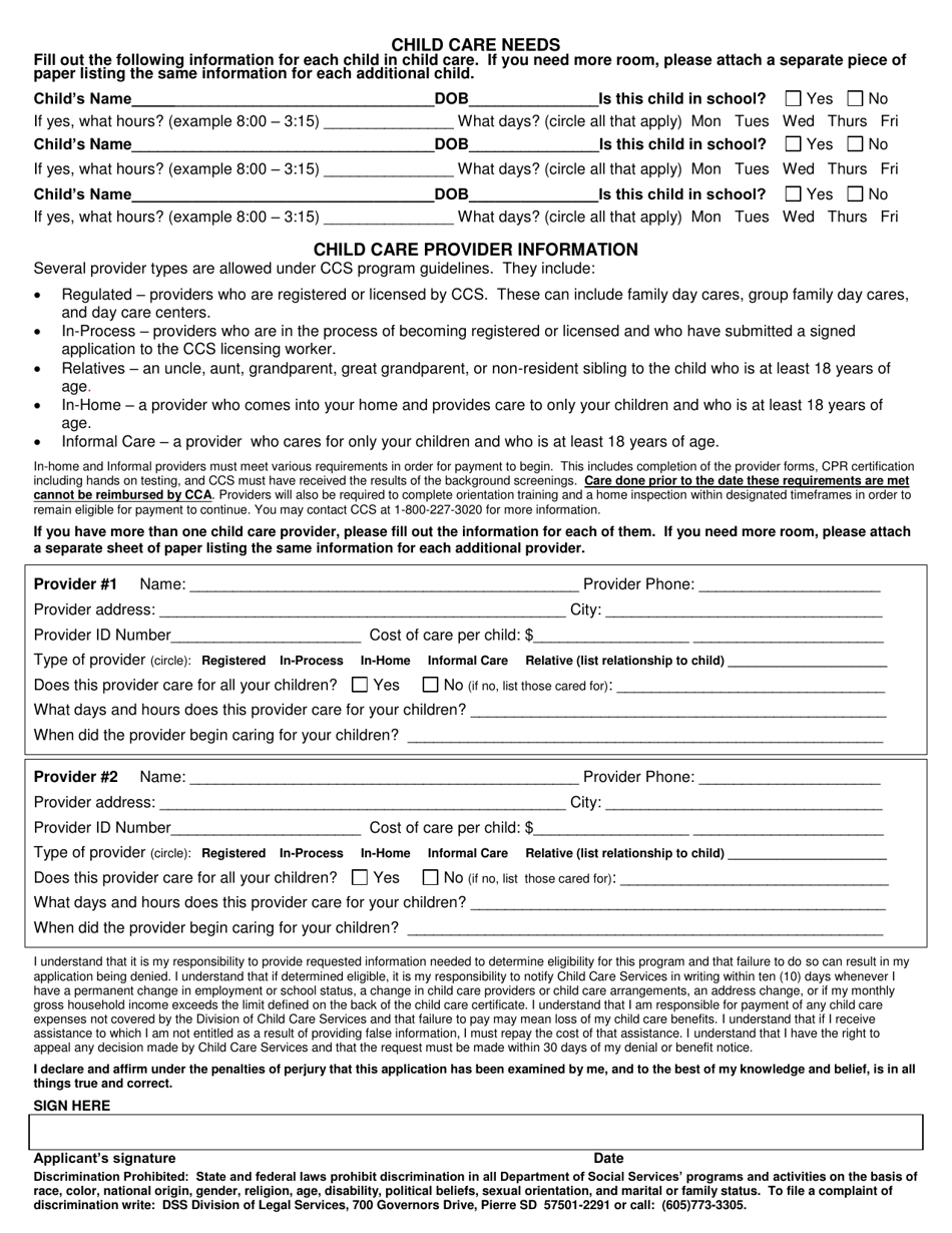 Form DSS-CC-975 Child Care Benefits Application for TANF Approved Activities and Employment - South Dakota, Page 2