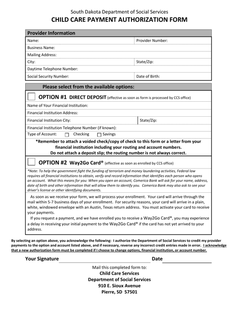 Child Care Payment Authorization Form - South Dakota Download Pdf
