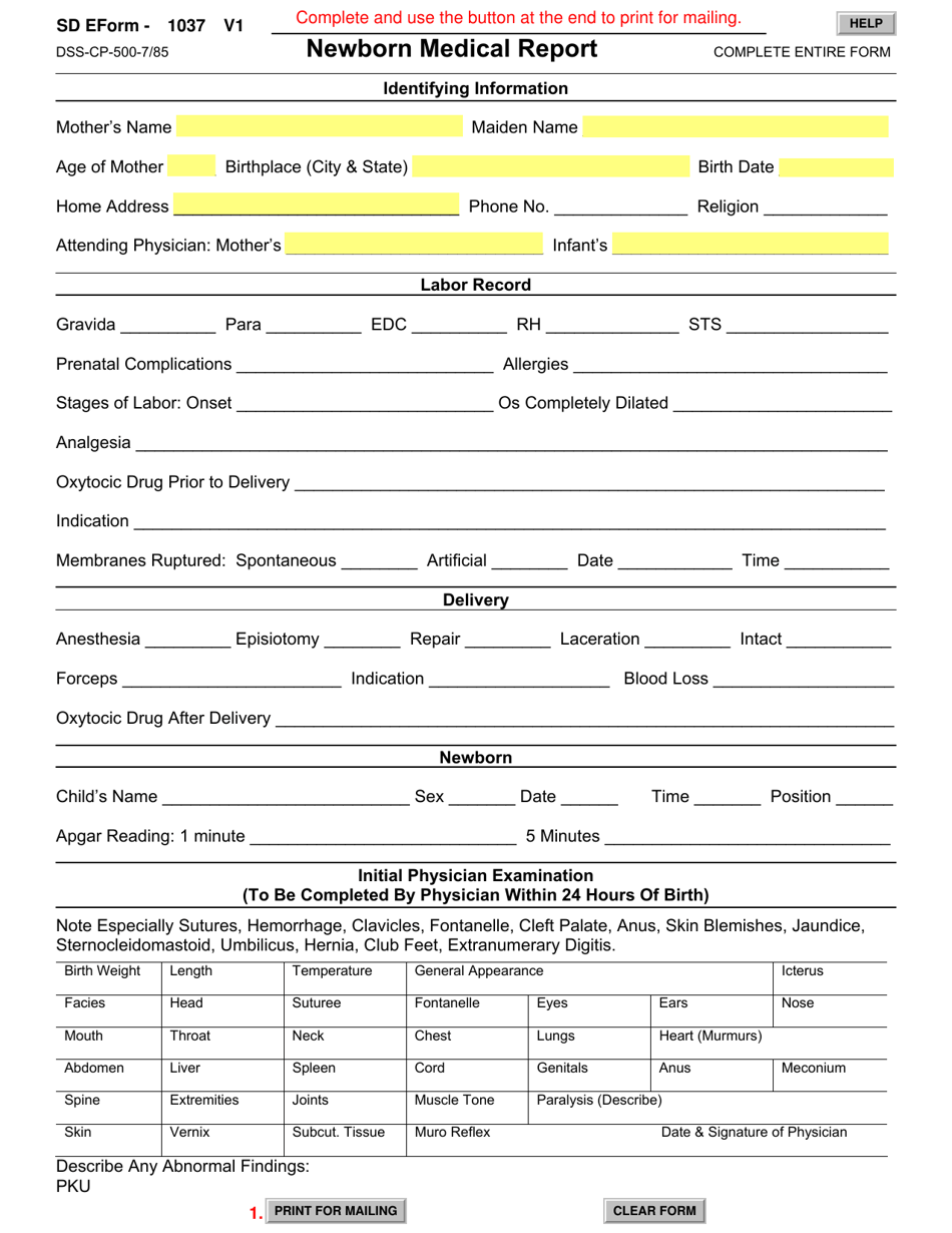 SD Form 1037 (DSS-CP-500) Newborn Medical Report - South Dakota, Page 1