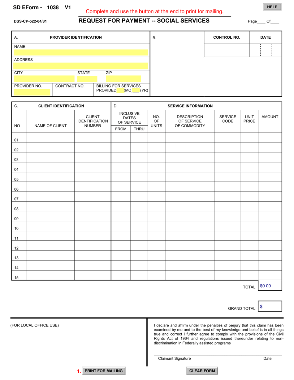 SD Form 1038 (DSS-CP-522) Request for Payment - Social Services - South Dakota, Page 1