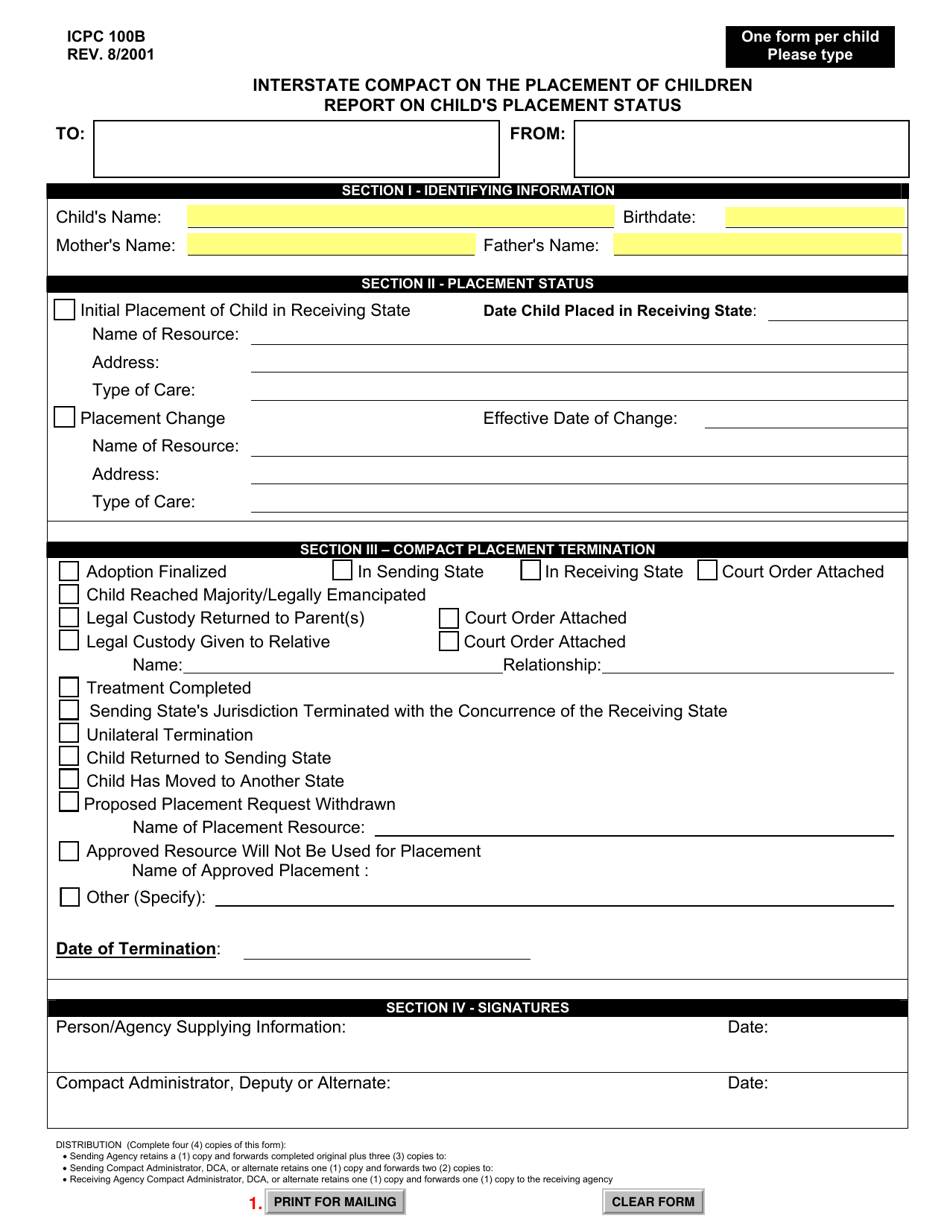 SD Form 1355 (ICPC100B) Interstate Compact on the Placement of Children Report on Childs Placement Status - South Dakota, Page 4