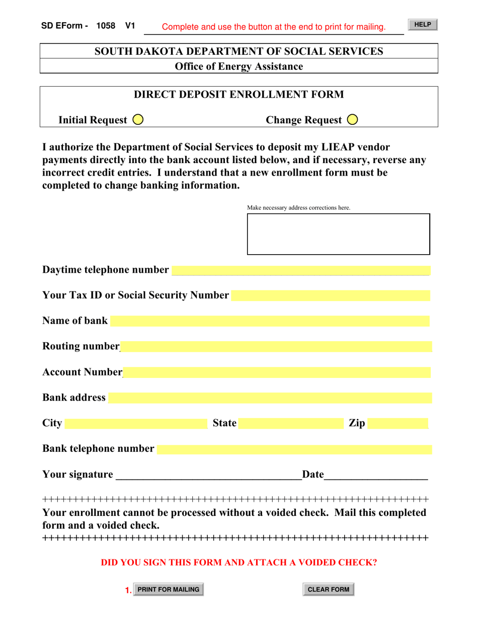 SD Form 1058 Direct Deposit Enrollment Form - South Dakota, Page 1