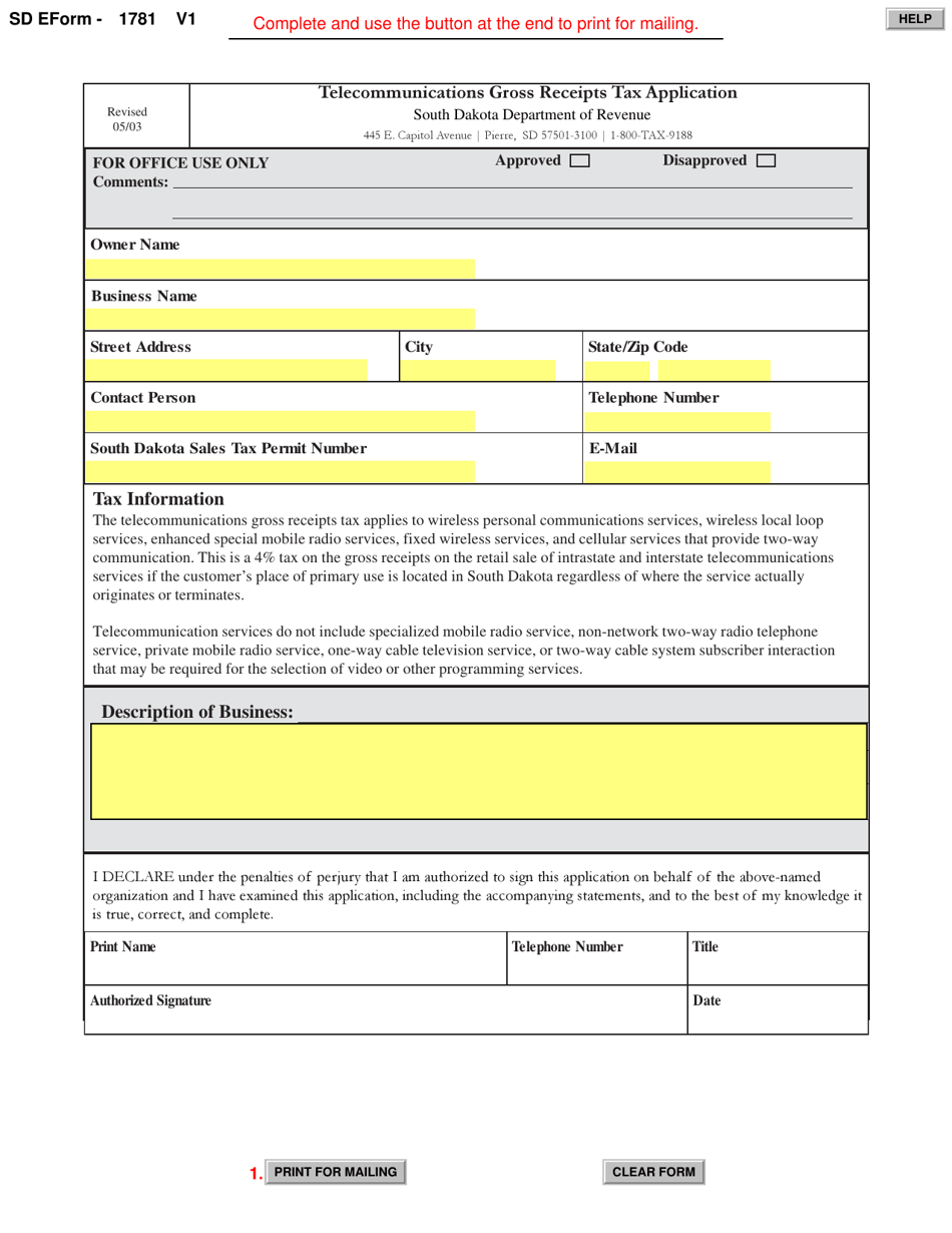 SD Form 1781 Telecommunications Gross Receipts Tax Application - South Dakota, Page 1
