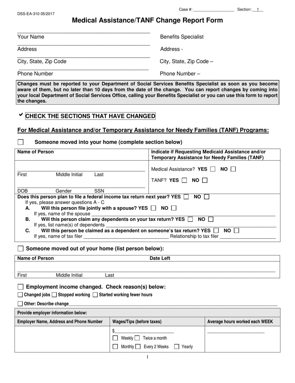 Form DSS-EA-310 Medical Assistance / TANF Change Report Form - South Dakota, Page 1