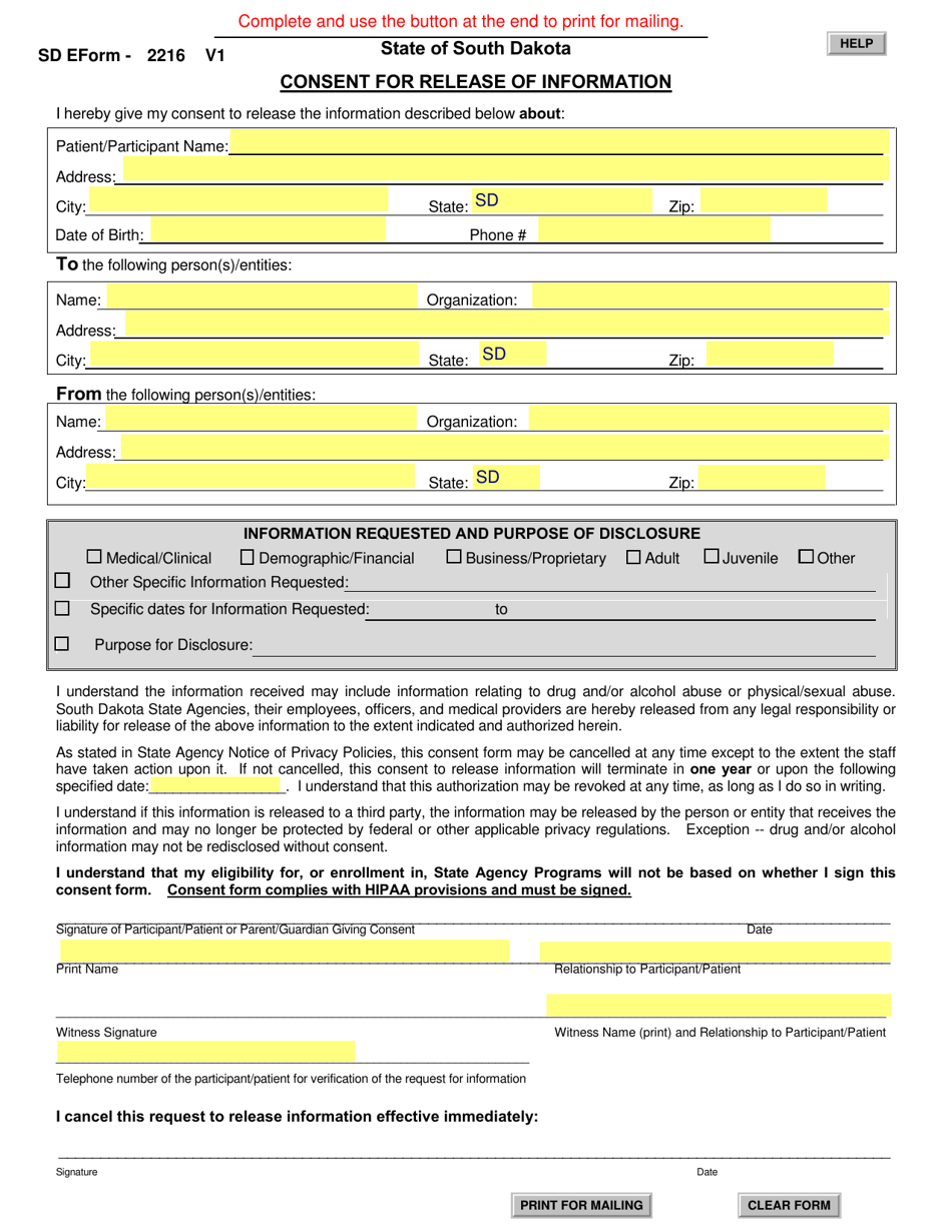 SD Form 2216 Consent for Release of Information - South Dakota, Page 1