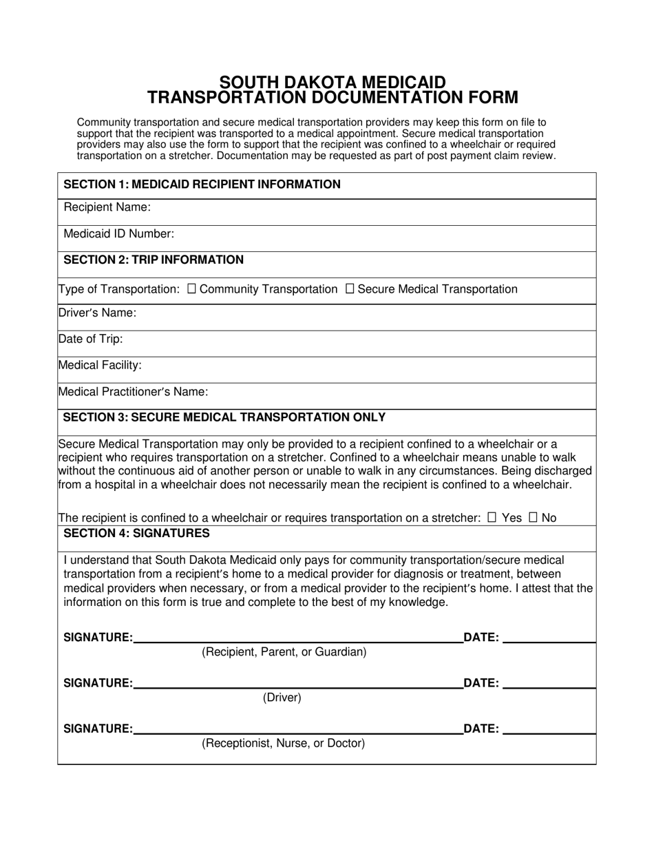 South Dakota Medicaid Transportation Documentation Form - South Dakota, Page 1