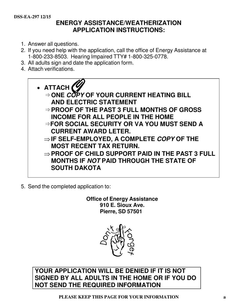Form DSS-EA-297 Application for Energy Assistance - South Dakota, Page 1