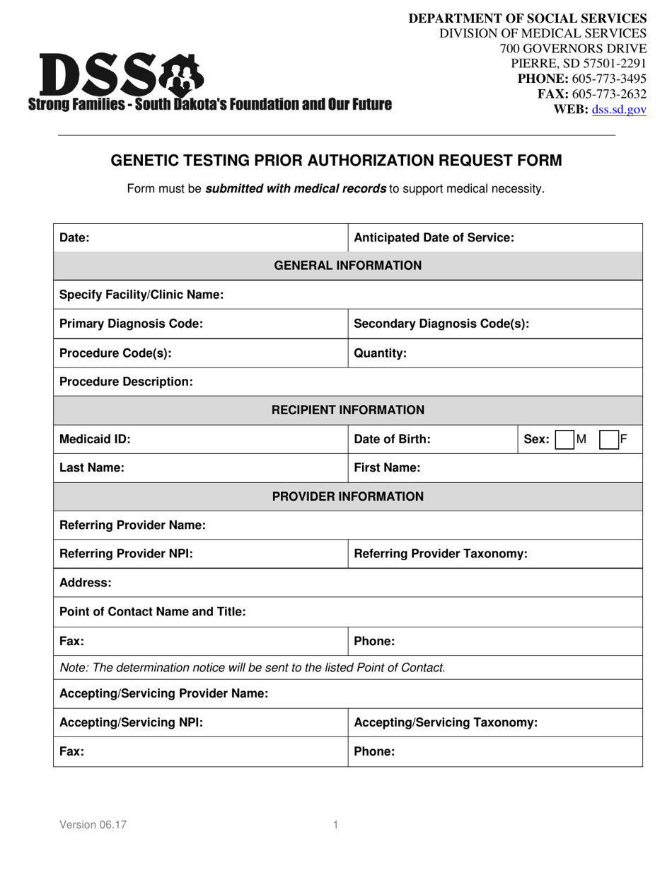 Genetic Testing Prior Authorization Request Form - South Dakota, Page 1