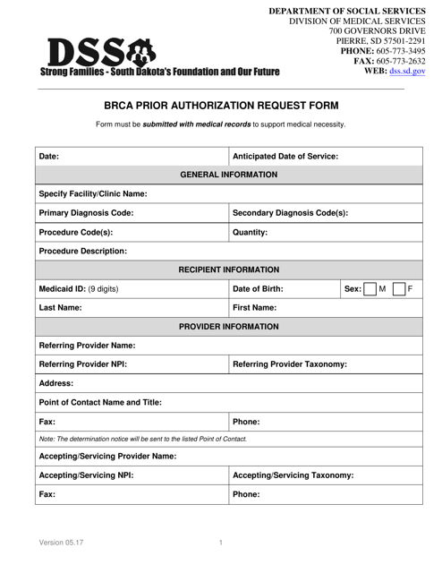 Brca Prior Authorization Request Form - South Dakota Download Pdf