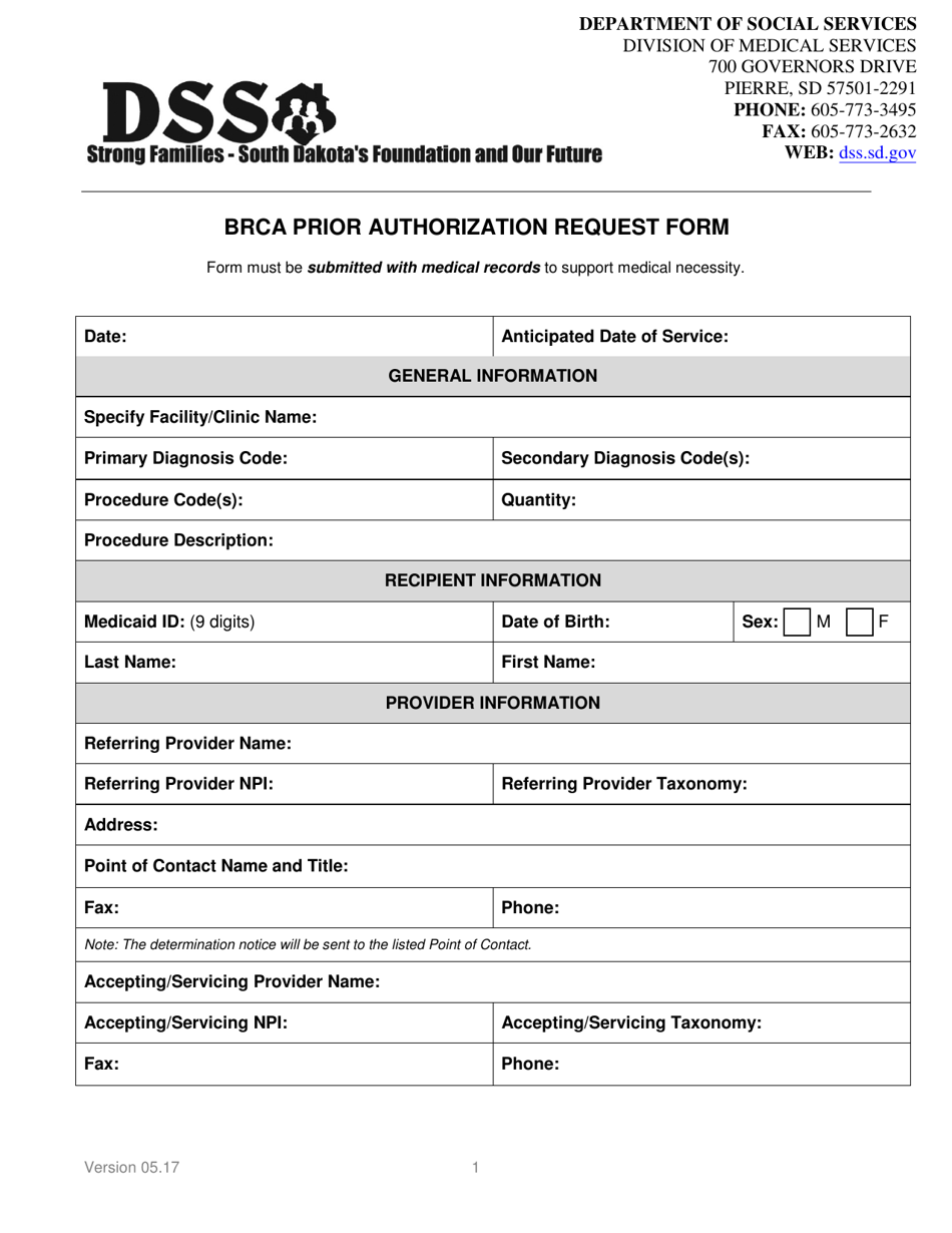 Brca Prior Authorization Request Form - South Dakota, Page 1