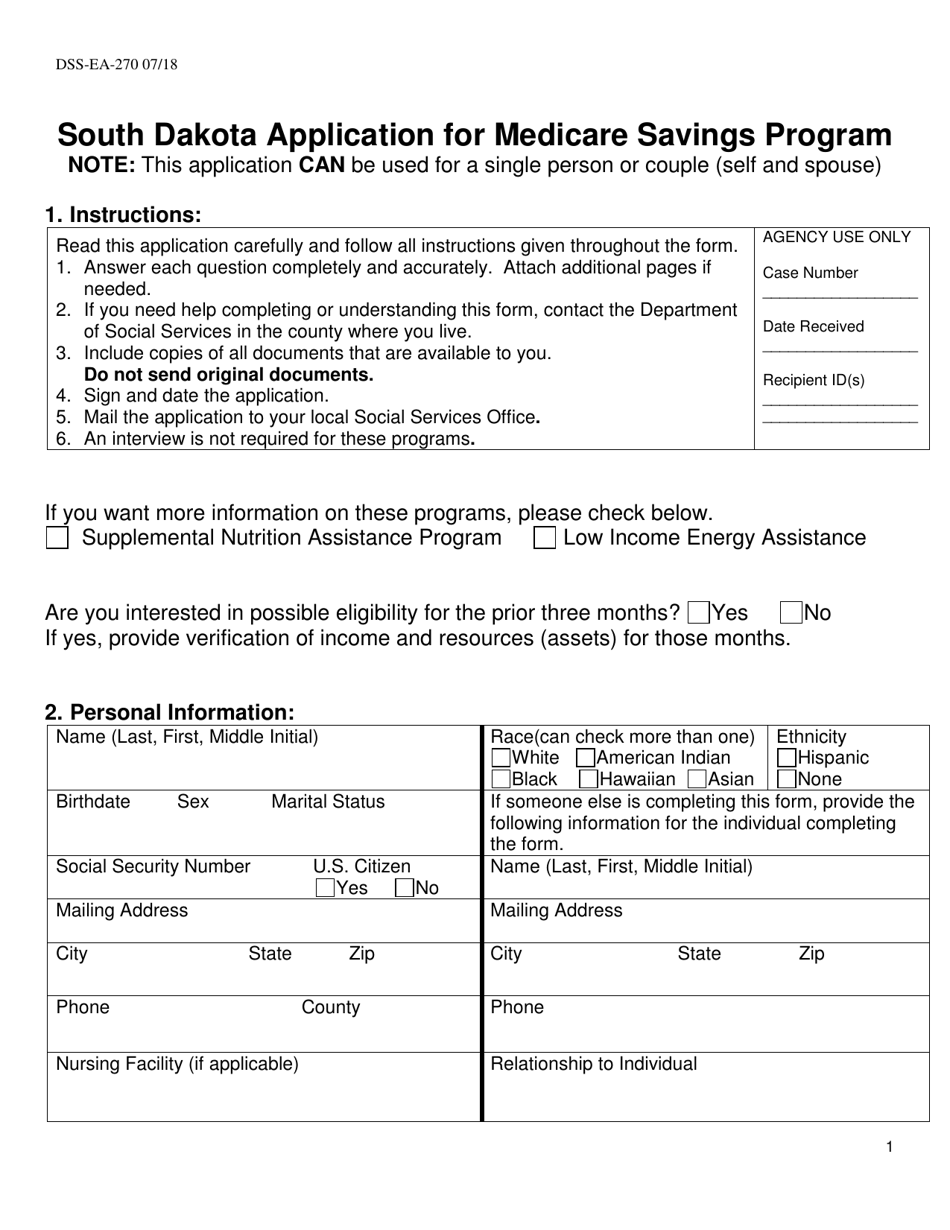 Form DSS-EA-270 South Dakota Application for Medicare Savings Program - South Dakota, Page 1