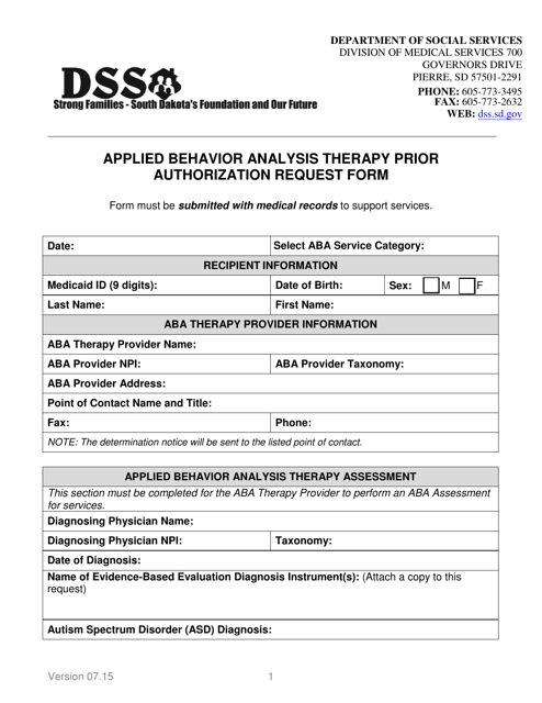 Applied Behavior Analysis Therapy Prior Authorization Request Form - South Dakota Download Pdf