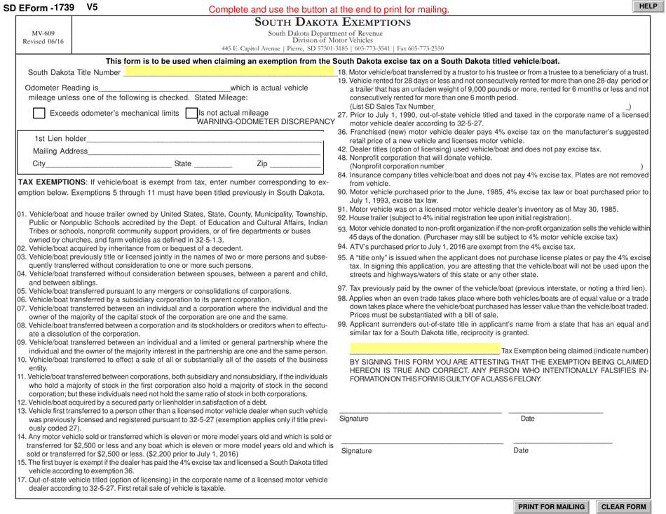 SD Form 1739 (MV-609) South Dakota Exemptions - South Dakota, Page 1