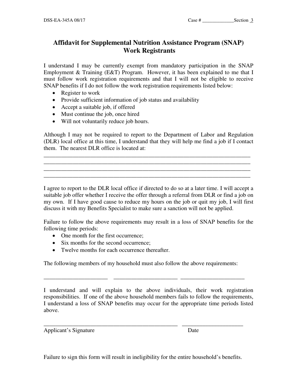 Form DSS-EA-345A Affidavit for Snap Work Registrants (Employment  Training) - South Dakota, Page 1