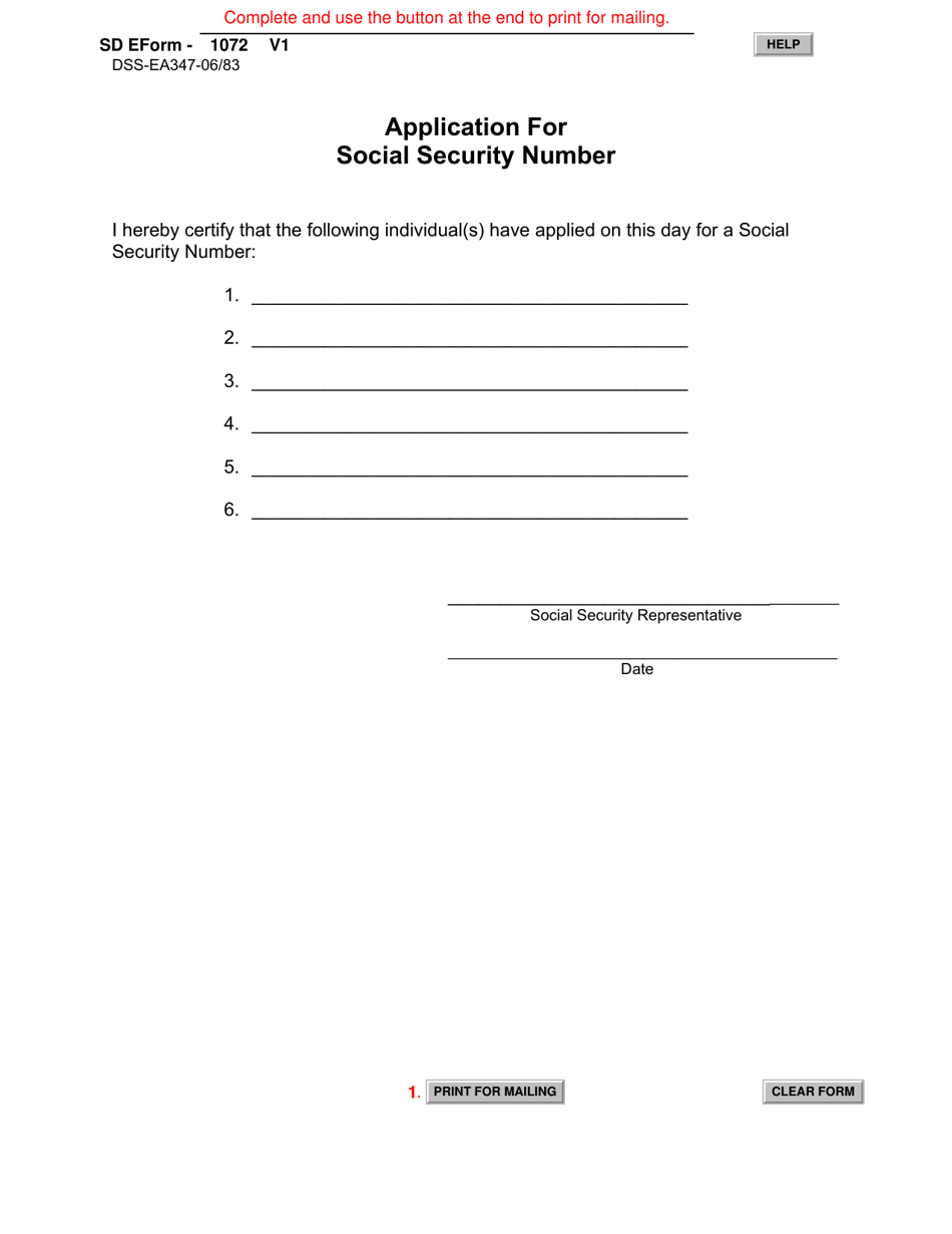SD Form 1072 (DSS-EA-347) Application for Social Security Number - South Dakota, Page 1