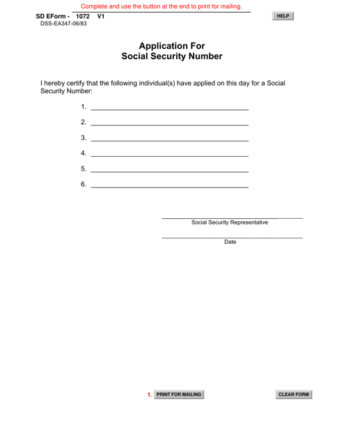 SD Form 1072 (DSS-EA-347) Application for Social Security Number - South Dakota