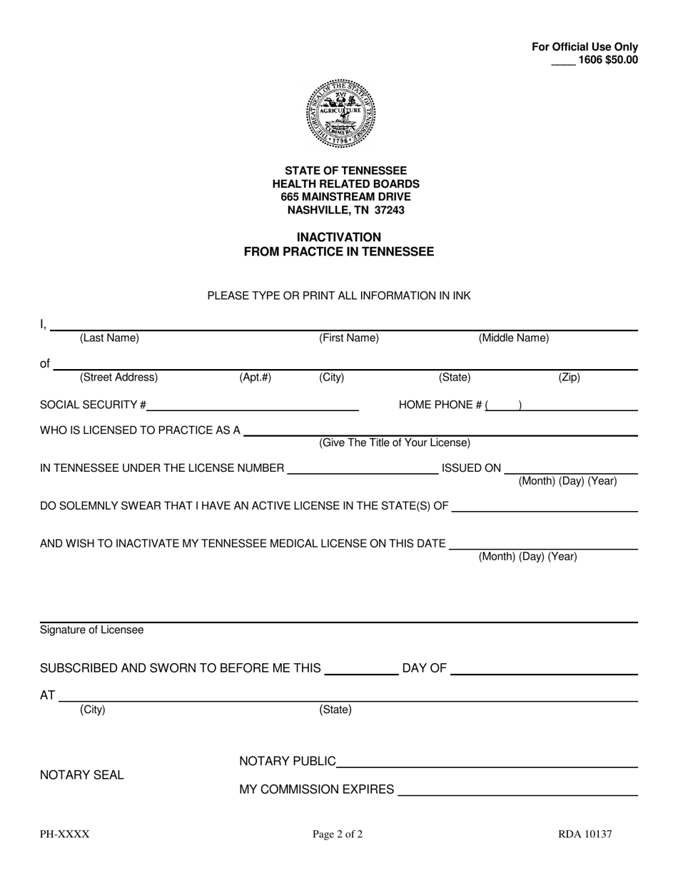 Form PH-4270 Inactivation From Practice in Tennessee - Tennessee, Page 2