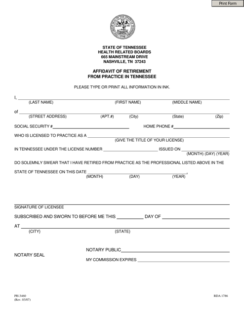 Form PH-3460 Affidavit of Retirement From Practice in Tennessee - Tennessee