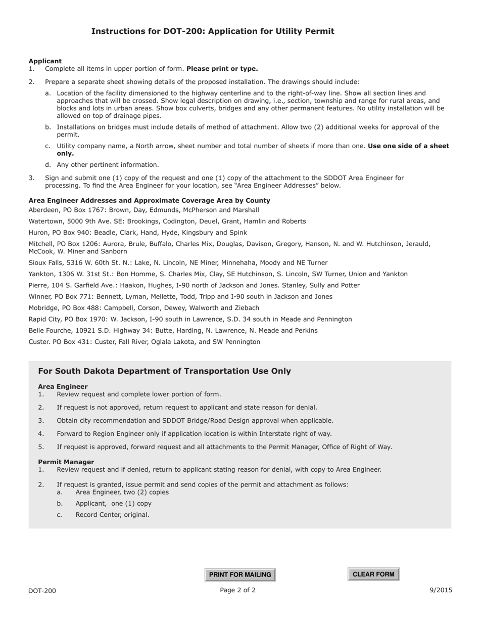 Form DOT-200 (SD Form 0929) Application for Utility Permit - South Dakota, Page 2